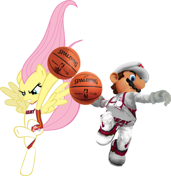 Size: 1052x1082 | Tagged: artist:fjojr, basketball, derpibooru import, double dunk, fluttershy, mario, miami heat, nba, safe, super mario bros.