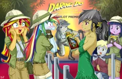 Size: 1081x700 | Tagged: safe, artist:uotapo, derpibooru import, a.k. yearling, daring do, derpy hooves, rainbow dash, sunset shimmer, twilight sparkle, equestria girls, autograph, blushing, book, clothes, costume, cute, dashabetes, dress, equestria girls-ified, fangasm, fangirling, female, hat, hilarious in hindsight, movie premiere, open mouth, premiere, shimmerbetes, sunset helper