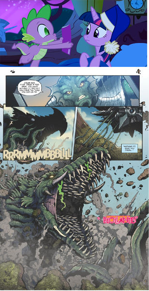 Size: 561x1092 | Tagged: safe, derpibooru import, idw, spike, twilight sparkle, twilight sparkle (alicorn), alicorn, kaiju, pony, biollante, comic book meme, cryog, devonian, exploitable meme, female, godzilla (series), godzilla: rulers of the earth, mare, meme, obligatory pony