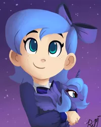 Size: 1200x1500 | Tagged: artist:ric-m, cute, derpibooru import, filly, freckles, human, humanized, human ponidox, light skin, lunabetes, night, plushie, princess luna, s1 luna, safe, solo, woona, younger