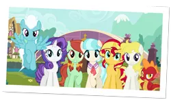 Size: 2301x1344 | Tagged: safe, artist:bubblestormx, derpibooru import, candy apples, coco pommel, fleetfoot, glory, spike, sunset shimmer, surprise, pony, alternate mane six, alternate universe, apple family member, cermella, palette swap