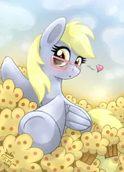 Size: 865x1200 | Tagged: safe, artist:joakaha, derpibooru import, derpy hooves, pegasus, pony, cute, derpabetes, female, food, glasses, heart, mare, muffin, pile, solo, that pony sure does love muffins