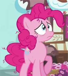 Size: 389x436 | Tagged: safe, derpibooru import, screencap, pinkie pie, earth pony, pony, wonderbolts academy, cropped, frazzled, messy mane, raised hoof, reaction image, sad, solo