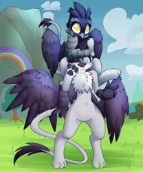 Size: 5000x6010 | Tagged: safe, artist:extradan, derpibooru import, giselle, irma, natalya, gryphon, semi-anthro, rainbow falls, absurd resolution, belly button, bipedal, blushing, cute, griffons riding griffons, leaning, peace sign, riding, smiling, wink