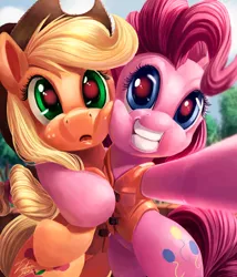 Size: 600x702 | Tagged: safe, artist:tsitra360, derpibooru import, applejack, pinkie pie, earth pony, pony, pinkie apple pie, camera, duo, foreshortening, red eye, red eyes, scene interpretation, selfie, squishy cheeks