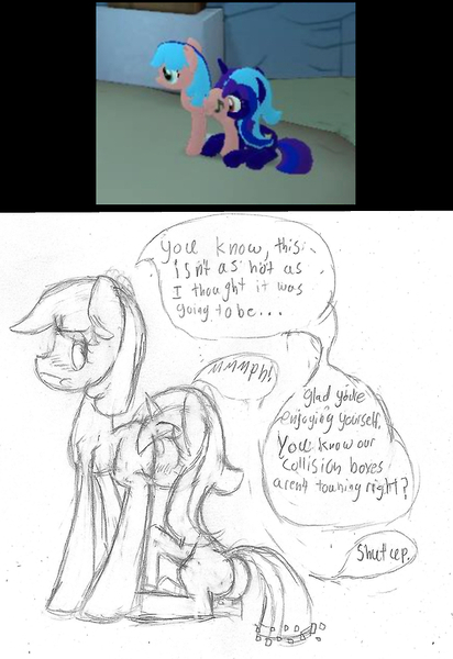 Size: 500x728 | Tagged: questionable, artist:theskitzogamer, derpibooru import, oc, oc:riversong, oc:sierra skygazer, unofficial characters only, earth pony, pony, unicorn, blushing, butt, faceful of ass, female, glitch, legends of equestria, mare, noclip, plot, redraw, sketch