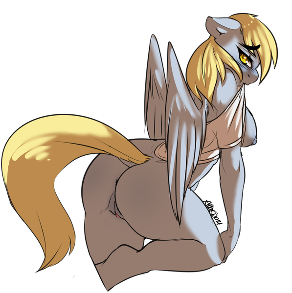 Size: 1435x1443 | Tagged: dead source, explicit, artist:avante92, derpibooru import, derpy hooves, anthro, pegasus, unguligrade anthro, anus, bent over, blushing, bottomless, breasts, busty derpy hooves, clothes, dock, female, image, looking at you, looking back, nipples, nudity, partial nudity, png, raised tail, shirt, shirt lift, simple background, solo, solo female, tail, vulva, white background
