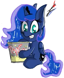 Size: 453x552 | Tagged: safe, artist:magical disaster, derpibooru import, princess luna, popcorn, simple background, smiling, solo