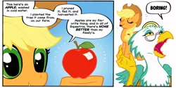 Size: 982x490 | Tagged: safe, artist:carla speed mcneil, derpibooru import, idw, applejack, vermouth roux, earth pony, gryphon, pony, spoiler:comic, spoiler:comicff01, apple, that pony sure does love apples, wat