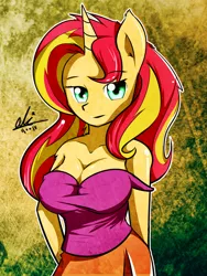 Size: 900x1196 | Tagged: anthro, artist:alkalizonian, breasts, busty sunset shimmer, cleavage, derpibooru import, female, looking at you, safe, solo, sunset shimmer
