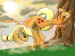 Size: 6000x4500 | Tagged: safe, artist:doomsp0rk, derpibooru import, applejack, earth pony, pony, absurd resolution, bucking, earth pony magic, female, kicking, mare, missing accessory, solo, tree