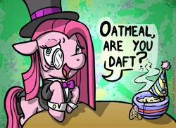 Size: 1528x1111 | Tagged: artist:blimpslap, clothes, fancy, hat, monocle, oatmeal, party of one, pinkamena diane pie, pinkie pie, safe, scene parody, solo, table, top hat, tuxedo