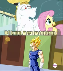 Size: 640x717 | Tagged: bulk biceps, curtain, derpibooru import, door, dragon ball z, exploitable meme, fluttershy, hub logo, meme, rainbow falls, replacement meme, safe, super saiyan 2, vegeta