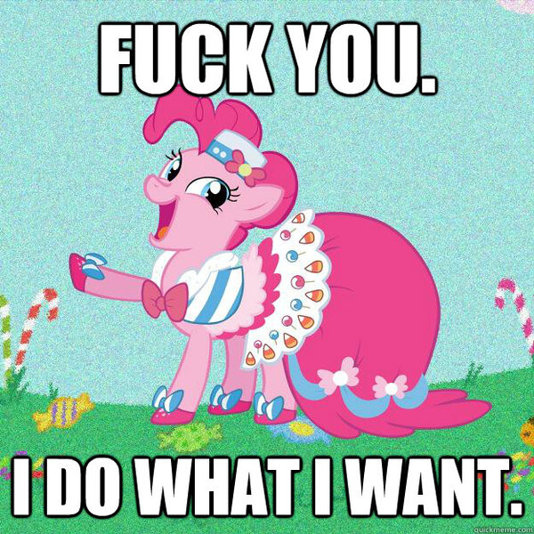 Size: 625x625 | Tagged: candy, candy cane, caption, clothes, dress, exploitable meme, food, fuck you, gala dress, image macro, looking at you, meme, open mouth, pinkie pie, pointing, quickmeme, raised hoof, reaction, reaction image, safe, smiling, solo, text, vulgar