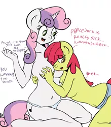 Size: 1200x1369 | Tagged: safe, artist:freefraq, derpibooru import, apple bloom, sweetie belle, anthro, earth pony, unicorn, belly button, breast fondling, breast grab, breasts, busty sweetie belle, casual nudity, clothes, cute, cute porn, cutie mark, dialogue, female, grope, image, lesbian, meh, nipples, nudity, older, one eye closed, panties, png, simple background, smiling, sweetiebloom, topless, underwear, white background