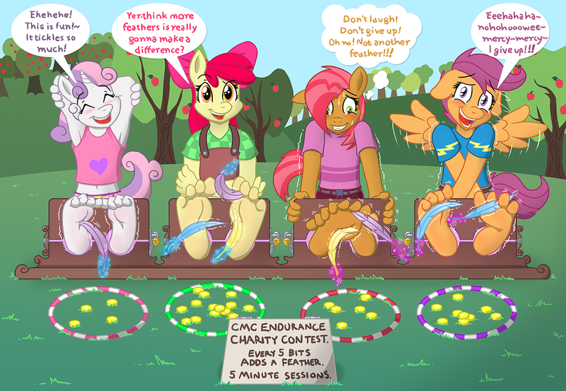 Size: 1251x865 | Tagged: suggestive, artist:caroo, derpibooru import, apple bloom, babs seed, scootaloo, sweetie belle, anthro, plantigrade anthro, arm behind head, armpits, barefoot, belly button, bloomsub, blushing, clothes, crying, cute, cutie mark crusaders, dialogue, feet, fetish, gritted teeth, image, laughing, midriff, png, scootasub, soles, spread wings, squirming, stocks, subseed, sweat, sweetiesub, tanktop, tears of laughter, tickle fetish, tickle torture, tickling, toes