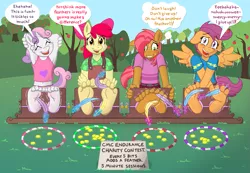Size: 1251x865 | Tagged: suggestive, artist:caroo, derpibooru import, apple bloom, babs seed, scootaloo, sweetie belle, anthro, plantigrade anthro, arm behind head, armpits, barefoot, belly button, bloomsub, blushing, clothes, crying, cute, cutie mark crusaders, dialogue, feet, fetish, gritted teeth, image, laughing, midriff, png, scootasub, soles, spread wings, squirming, stocks, subseed, sweat, sweetiesub, tanktop, tears of laughter, tickle fetish, tickle torture, tickling, toes