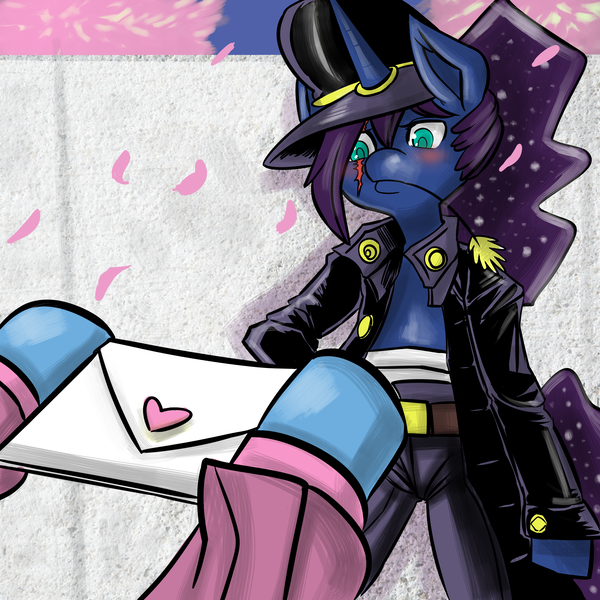 Size: 2800x2800 | Tagged: safe, artist:fauxsquared, derpibooru import, princess luna, trixie, pony, semi-anthro, luna-afterdark, bipedal, blushing, clothes, female, hat, heart, jacket, lesbian, letter, luxie, scar, shipping