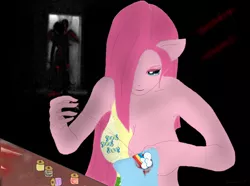 Size: 1280x954 | Tagged: ambiguous facial structure, anthro, artist:kanashiibara, blood, breasts, busty pinkie pie, cutie mark dress, derpibooru import, fanfic:cupcakes, female, implied death, pinkamena diane pie, pinkie pie, semi-grimdark, sewing, suggestive