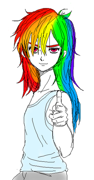 Size: 327x621 | Tagged: artist:asdf314159265, bang, derpibooru import, human, humanized, rainbow dash, safe, solo, uncolored skin