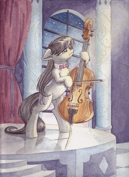 Size: 5026x6866 | Tagged: safe, artist:the-wizard-of-art, derpibooru import, octavia melody, earth pony, pony, absurd resolution, bipedal, bow (instrument), cello, cello bow, female, floppy ears, fluffy, hoof hold, mare, musical instrument, sad, smiling, solo, traditional art, watercolor painting, window