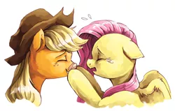 Size: 1017x647 | Tagged: safe, artist:audrarius, derpibooru import, applejack, fluttershy, earth pony, pegasus, pony, appleshy, bandage, bandaid, crying, cute, eyes closed, female, floppy ears, hat, injured, lesbian, mare, shipping, smiling