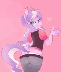 Size: 900x1060 | Tagged: suggestive, artist:coffeechicken, derpibooru import, diamond tiara, anthro, ass, clothes, female, heart, older, panties, pants, solo, solo female, the ass was fat, thong, tongue out, underwear