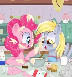 Size: 2397x2558 | Tagged: safe, artist:lucy-tan, derpibooru import, derpy hooves, pinkie pie, pegasus, pony, baking, batter, bowl, chocolate chips, cooking, cup, cupcake, derpypie, female, food, friendshipping, frosting, kitchen, mare, messy, milk, muffin, mug, spoon, sugar (food)