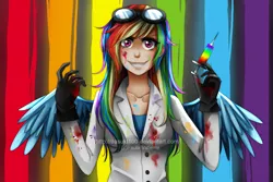 Size: 1280x853 | Tagged: artist:nasuki100, blood, breasts, derpibooru import, fanfic:rainbow factory, female, human, humanized, light skin, rainbow dash, semi-grimdark, solo, syringe, winged humanization