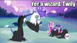 Size: 640x360 | Tagged: safe, derpibooru import, discord, princess cadance, twilight sparkle, twilight sparkle (alicorn), alicorn, pony, three's a crowd, adorkable, animated, blue flu, cosplay, cute, cutedance, discute, dork, female, frown, glasses, harry potter, image macro, mare, reference, twily trotter, unamused