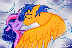 Size: 1024x683 | Tagged: safe, artist:dragonfoxgirl, derpibooru import, flash sentry, twilight sparkle, twilight sparkle (alicorn), alicorn, pony, cloud, cloudy, eyes closed, female, flashlight, floppy ears, hug, mare, messy mane, shipping, sleeping, winghug