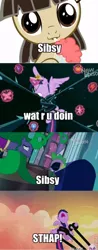 Size: 376x960 | Tagged: safe, derpibooru import, edit, edited screencap, screencap, humdrum, mane-iac, spike, twilight sparkle, twilight sparkle (alicorn), wild fire, alicorn, pony, tatzlwurm, princess twilight sparkle (episode), three's a crowd, black vine, comic, female, male, mare, meme, offscreen character, power ponies, roflbot, screencap comic, sibsy, stahp, tentacles