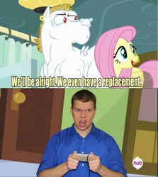 Size: 640x717 | Tagged: safe, derpibooru import, bulk biceps, fluttershy, rainbow falls, angry, chris bores, curtain, exploitable meme, hub logo, irate gamer, meme, replacement meme, ripoff, stupidity