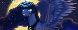 Size: 3522x1368 | Tagged: safe, artist:naminzo, derpibooru import, princess luna, backlighting, crying, floppy ears, glare, gritted teeth, magic, magic circle, moon, runes, solo, spread wings