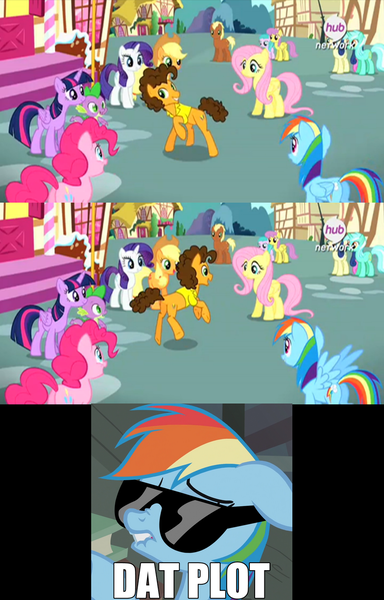 Size: 876x1368 | Tagged: safe, derpibooru import, edit, edited screencap, screencap, applejack, bon bon, cheese sandwich, fluttershy, lyra heartstrings, meadow song, parasol, pinkie pie, rainbow dash, rarity, spike, sweetie drops, twilight sparkle, twilight sparkle (alicorn), alicorn, earth pony, pegasus, pony, unicorn, pinkie pride, butt, female, image macro, male, mare, meme, plot, stallion, wingboner