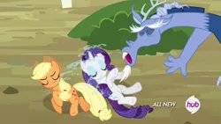 Size: 1280x720 | Tagged: applejack, blue flu, derpibooru import, discord, hubble, hub logo, rarity, safe, screencap, sneezing, spit, the hub, three's a crowd