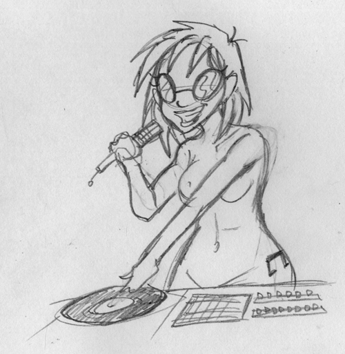 Size: 500x513 | Tagged: artist:ssakurai, belly button, breasts, curvy, derpibooru import, female, human, humanized, monochrome, nipples, nudity, pencil drawing, questionable, solo, solo female, sunglasses, traditional art, turntable, vinyl scratch