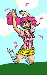 Size: 431x683 | Tagged: artist:mcwhale4, clothes, derpibooru import, female, human, human female, humanized, jumping, kneesocks, light skin, open mouth, pinkie pie, safe, socks, solo, suspenders