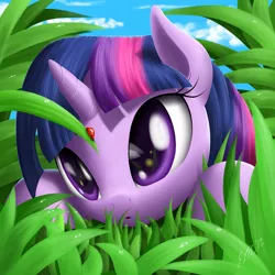 Size: 1111x1111 | Tagged: artist:zigword, cute, derpibooru import, eyes on the prize, female, grass, hilarious in hindsight, insect, ladybug, mare, :o, safe, solo, twiabetes, twilight sparkle, watching