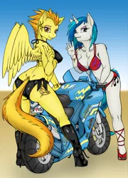 Size: 1280x1774 | Tagged: suggestive, artist:longinius, artist:muh-arts, derpibooru import, edit, spitfire, vinyl scratch, anthro, plantigrade anthro, ass, bikini, breasts, butt, clothes, colored, feet, female, firebutt, hand, high heels, image, jpeg, latex, lesbian, looking at you, motorcycle, panties, sexy, shipping, swimsuit, underwear, vinylfire, wedgie