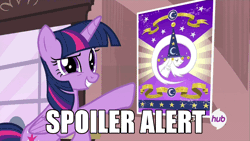 Size: 640x360 | Tagged: safe, derpibooru import, screencap, star swirl the bearded, twilight sparkle, twilight sparkle (alicorn), alicorn, pony, three's a crowd, adorkable, animated, cute, dork, female, fourth wall, hub logo, hubble, image macro, looking at you, mare, reaction image, solo, spoiler, spoiler alert, spread wings, the hub, twiabetes, wink