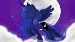 Size: 1366x768 | Tagged: safe, artist:springveil, derpibooru import, princess luna, alicorn, pony, cloud, eyes closed, female, mare, moon, night, on a cloud, profile, raised hoof, solo