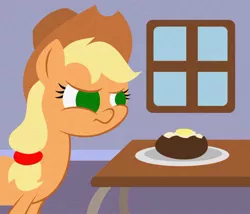 Size: 966x827 | Tagged: angry, apple, applejack, artist:xylophon, baked potato, butter, context is for the weak, french, frown, glare, potato, pun, safe, solo, wat, window