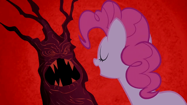 Size: 640x360 | Tagged: animated, artist:tengami, backfire, blue background, derpibooru import, edit, edited screencap, friendship is magic, laughter song, pinkie pie, red background, safe, scary tree, scene parody, screencap, simple background, solo, tree, wat, youtube