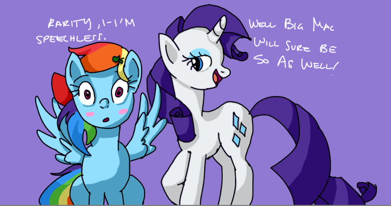 Size: 1086x573 | Tagged: safe, artist:mcwhale4, derpibooru import, big macintosh, rainbow dash, rarity, earth pony, pony, dialogue, implied shipping, male, rainbowmac, shipping, simple background, stallion, straight