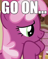 Size: 550x675 | Tagged: caption, cheerilee, cropped, derpibooru import, edit, edited screencap, go on, hearts and hooves day, hearts and hooves day (episode), hoof on chin, image macro, reaction image, safe, screencap, solo