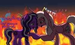 Size: 1000x607 | Tagged: semi-grimdark, artist:pavagat, derpibooru import, oc, oc:purple tinker, unofficial characters only, alicorn, pony, bedroom eyes, blushing, deviantart, drama, eye contact, female, fire, holding hooves, lesbian, open mouth, pinkiepony, purple tinker, raised hoof, shipping, smiling, tumblr, twitter