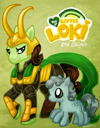 Size: 550x700 | Tagged: artist:whinges, avengers, crossover, derpibooru import, loki, norse mythology, ponified, safe, sleipnir, thor