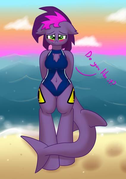 Size: 2893x4092 | Tagged: anthro, anthro oc, artist:scramjet747, beach, belly button, breasts, clothes, derpibooru import, female, navel cutout, oc, oc:mayday mayday, one-piece swimsuit, original species, safe, shark pony, solo, swimsuit, unofficial characters only