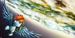 Size: 3036x1536 | Tagged: safe, artist:jasper77wang, derpibooru import, derpy hooves, rainbow dash, pegasus, pony, canterlot, crystal empire, equestria, female, flying, mare, planet, ponyville, scenery, space, upside down